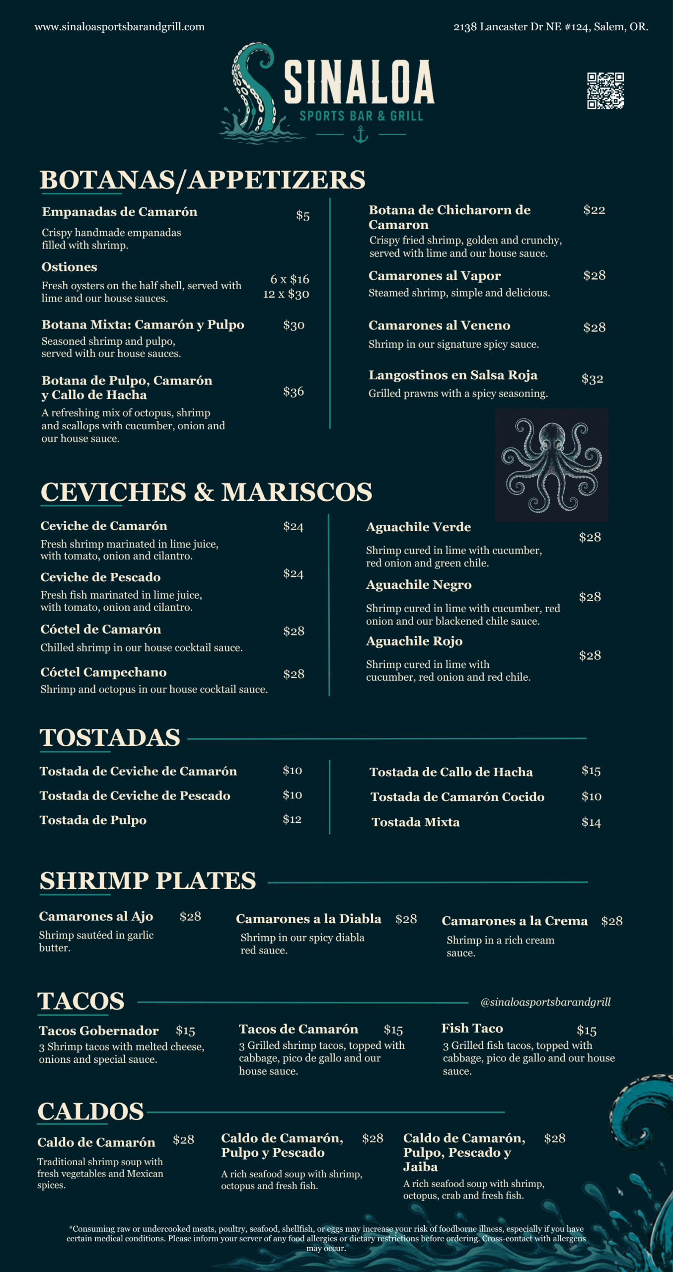 Sinaloa Sports Bar & Grill menu, page 1: food